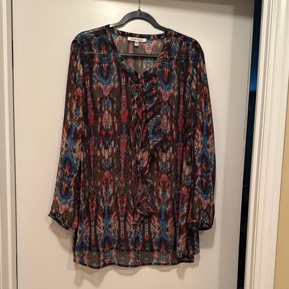 Black Rainn Blue and Orange Long Sleeve Blouse with Mandarin Collar
